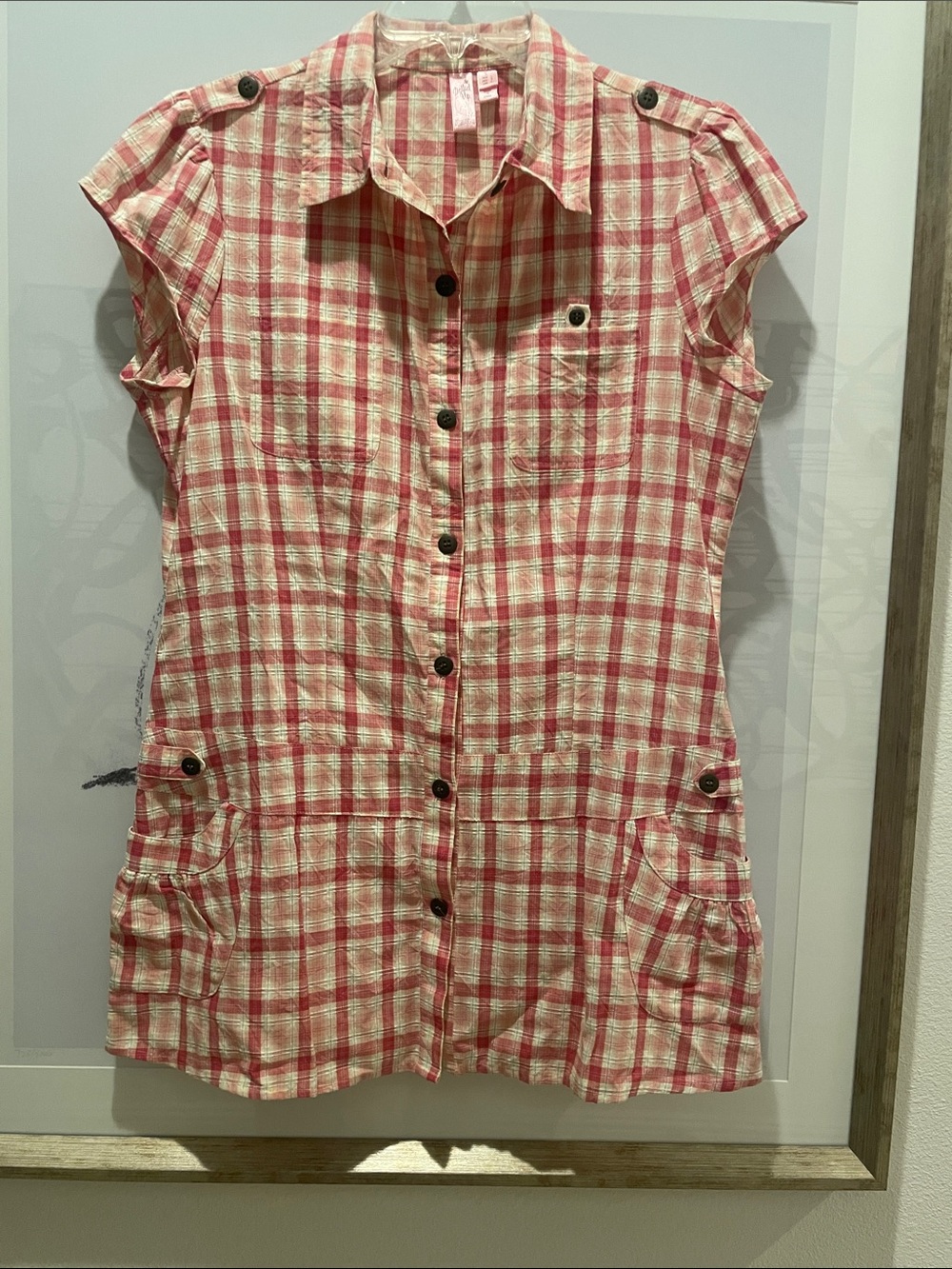 Cap-Sleeve Plaid Button-Front Shirt Dress in Pink and Cream